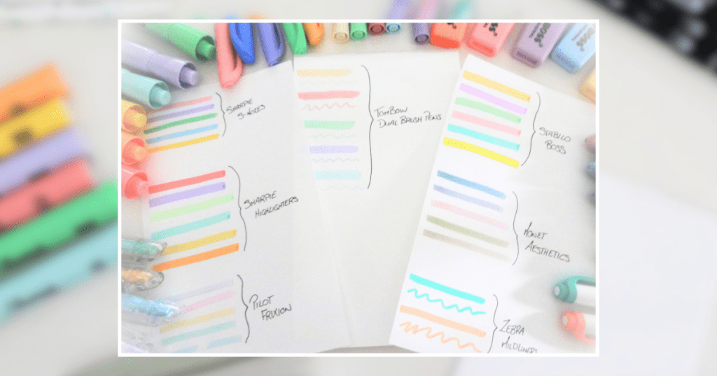 Swatches of all the pastel highlighters grouped by brand with the brand's name written next to them, the paper surrounded by the pastel highlighters.