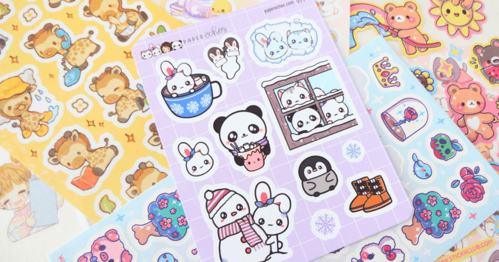 Colorful flatlay of sheets of cute stickers.