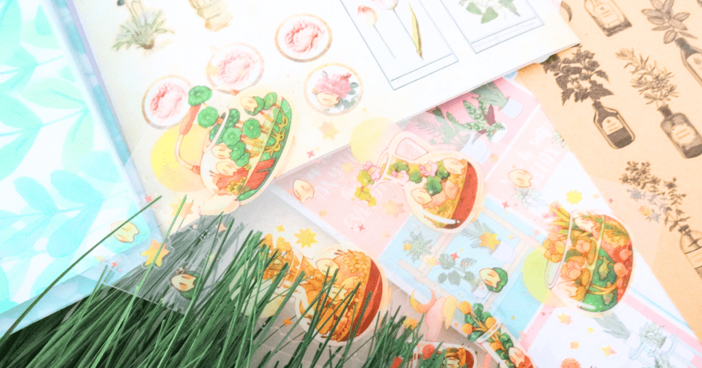 Colorful flatlay of stickers depicting plants.