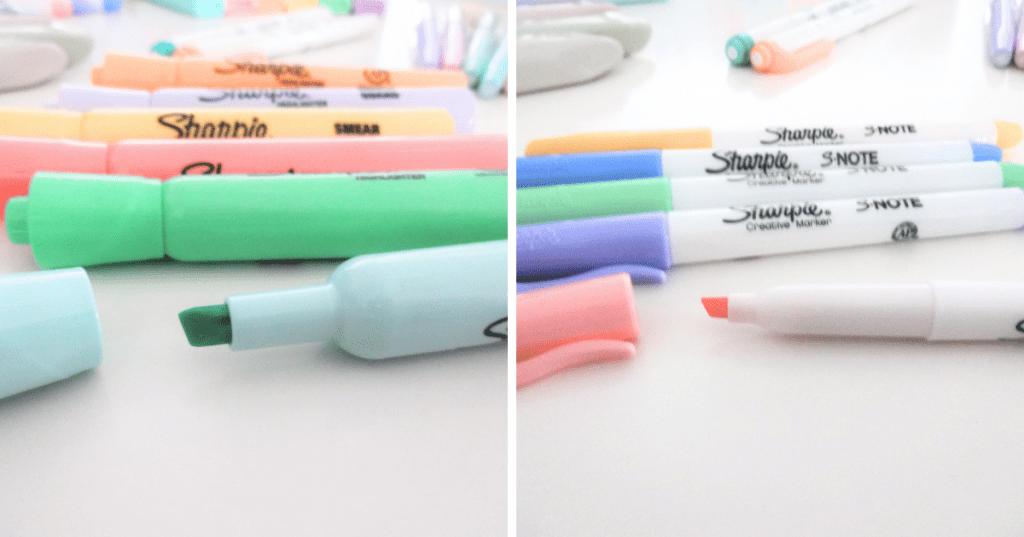 A variety of both Sharpie highlighters and Sharpie S-note highlighters in pastel colors, one of each with its cap off.