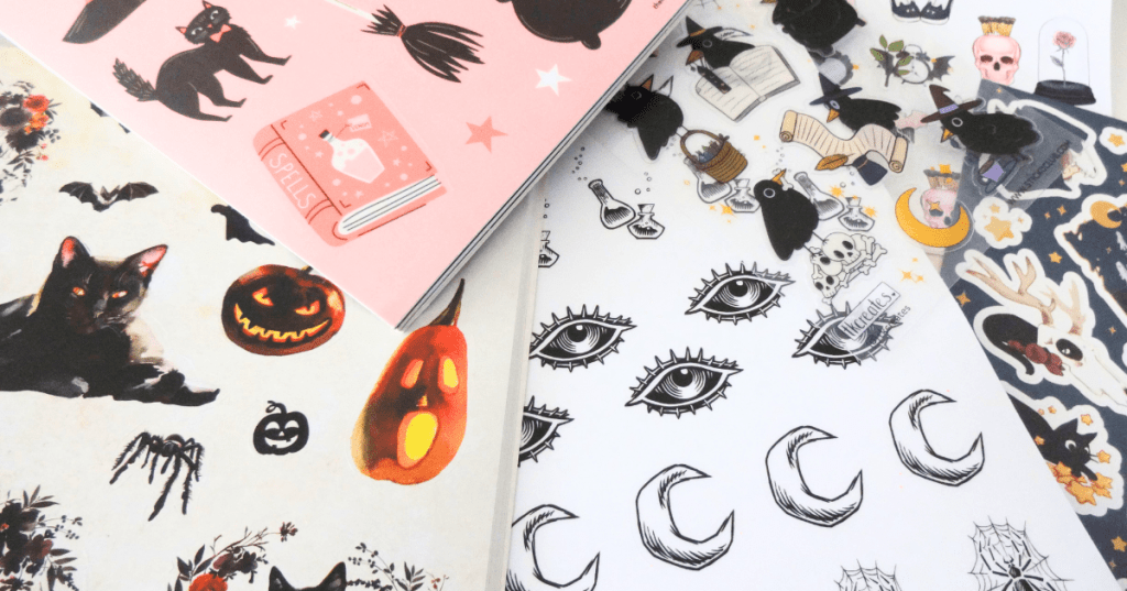 Spooky flatlay of Halloween stickers.