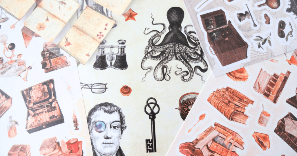 Muted-colors flatlay of stickers depicting Victorian items and other curiosities.