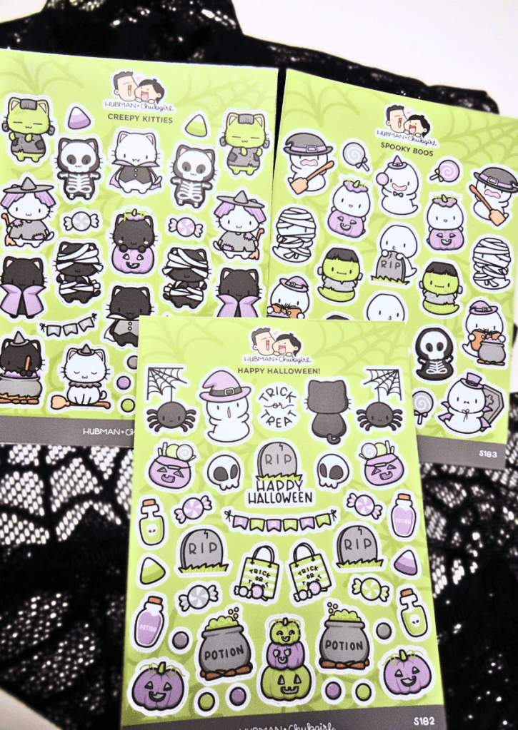 An image showing the detail of the Halloween sticker sheets from Hubman & Chubgirl that are part of the Halloween 2023 bundle.