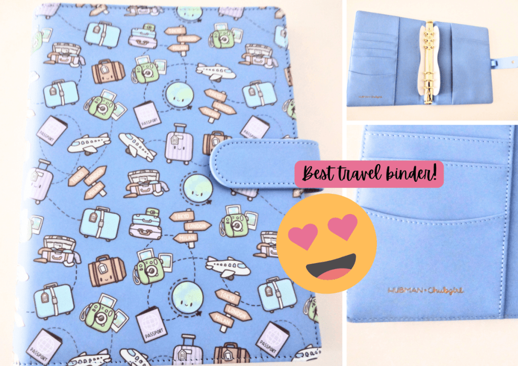 Three pictures displaying the travel-themed cover design and interior of a 6-ring binder. The text reads "Best travel binder!" with a heart-shaped eyes emoji.