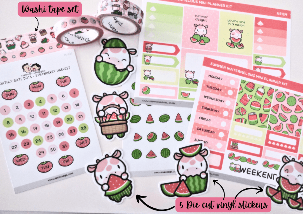 A flatlay of items from the Strawberry Harvest and Summer Watermelon collections. The picture shows a washi tape set, five die-cut vinyl stickers, and an array of sticker sheets.