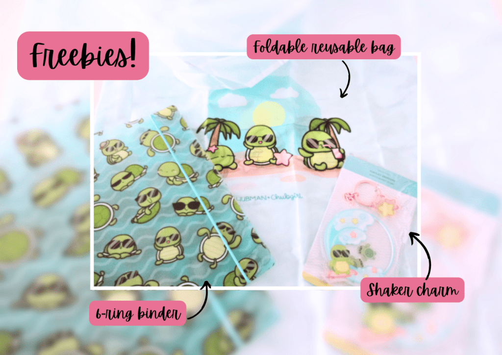 A picture titled "Freebies!" with three turtle-inspired items and the text reads "6-ring binder", "Foldable reusable bag" and "Shaker charm" with arrows pointing to the items.