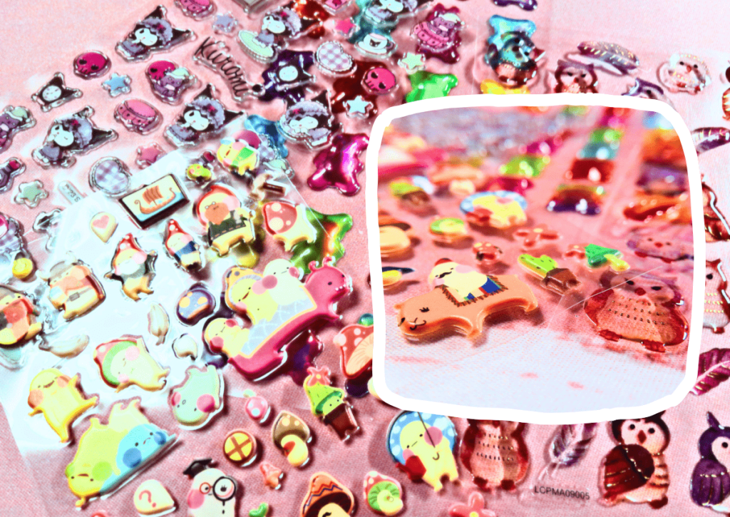 An image to show the range of puffy stickers designs and to show the thickness of puffy stickers.