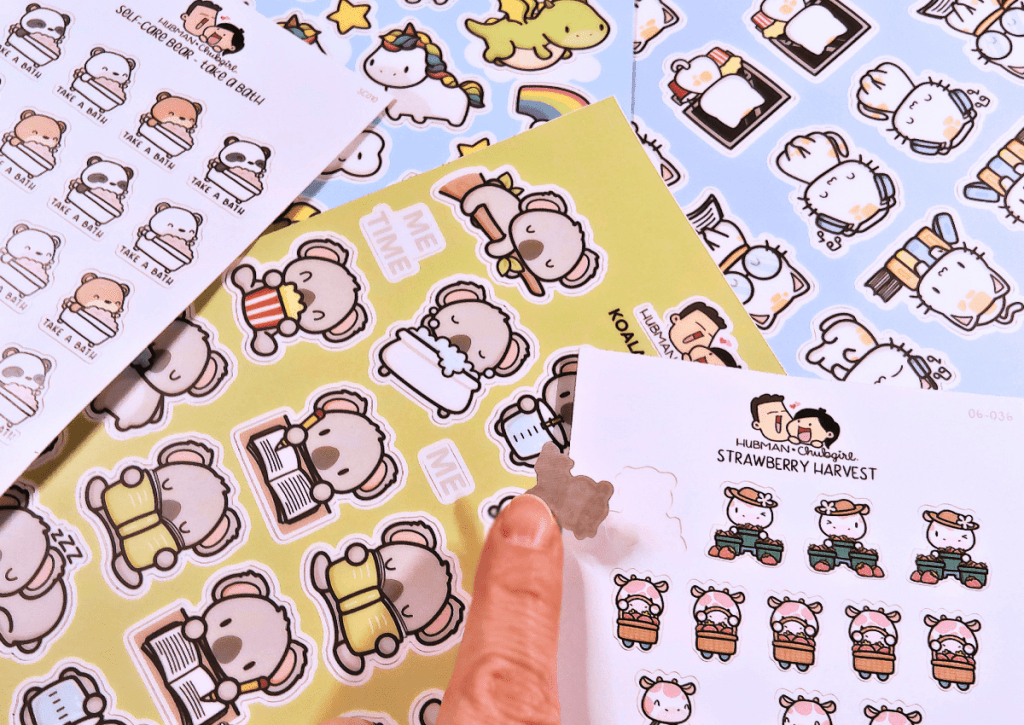 A close-up of vinyl stickers to show the vibrance of the colors and the gray backing.