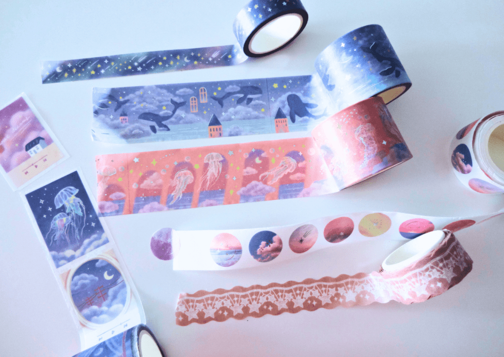 An image showcasing the six rolls of washi tape contained in the box set.