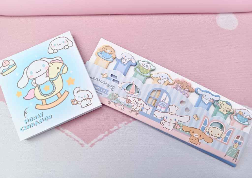 Cinnamoroll sticky note pad and tabs featuring Milk, Espresso, Mocha, and Capuccino