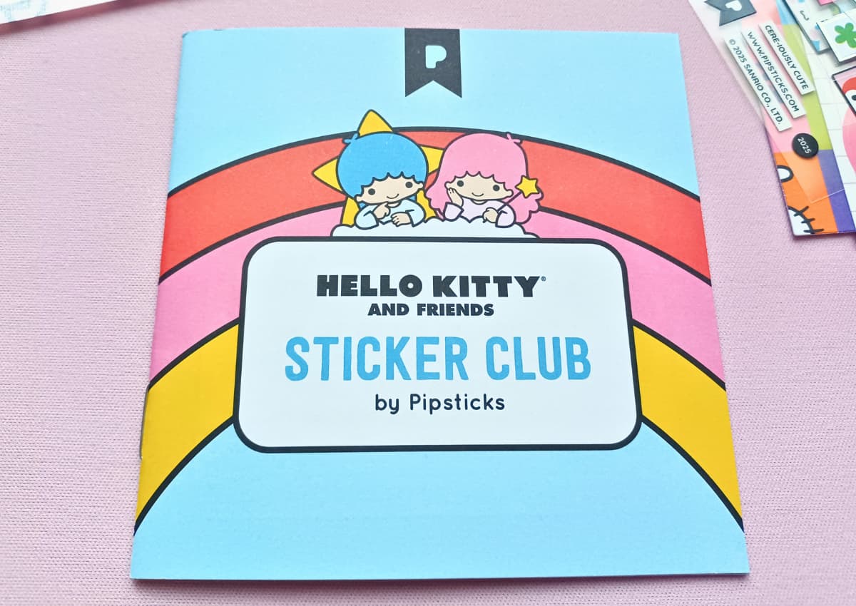 Activity booklet cover with the words "Hello Kitty and Friends Sticker Club by Pipsticks"