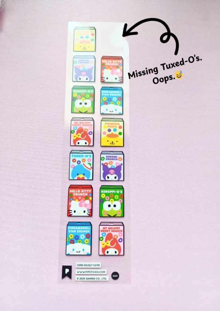 Sticker sheet of Sanrio characters made into cereal boxes designs