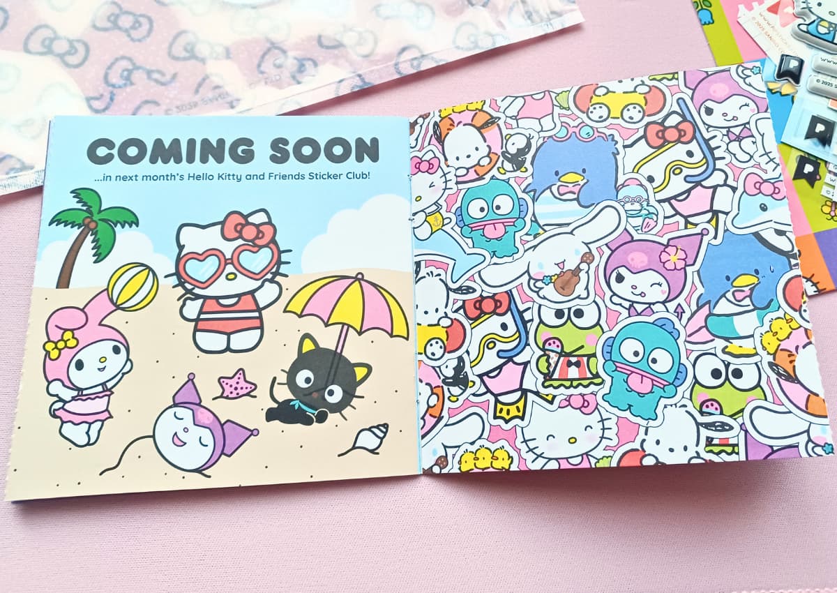 Inside the activity booklet shows the Sanrio characters at the beach with the words "Coming soon in next month's Hello Kitty and Friends Sticker Club"