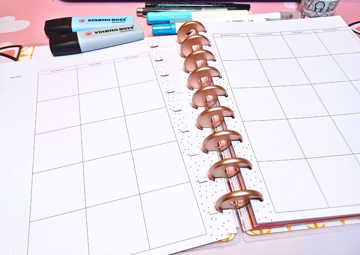 Blank two-page monthly spread in a planner