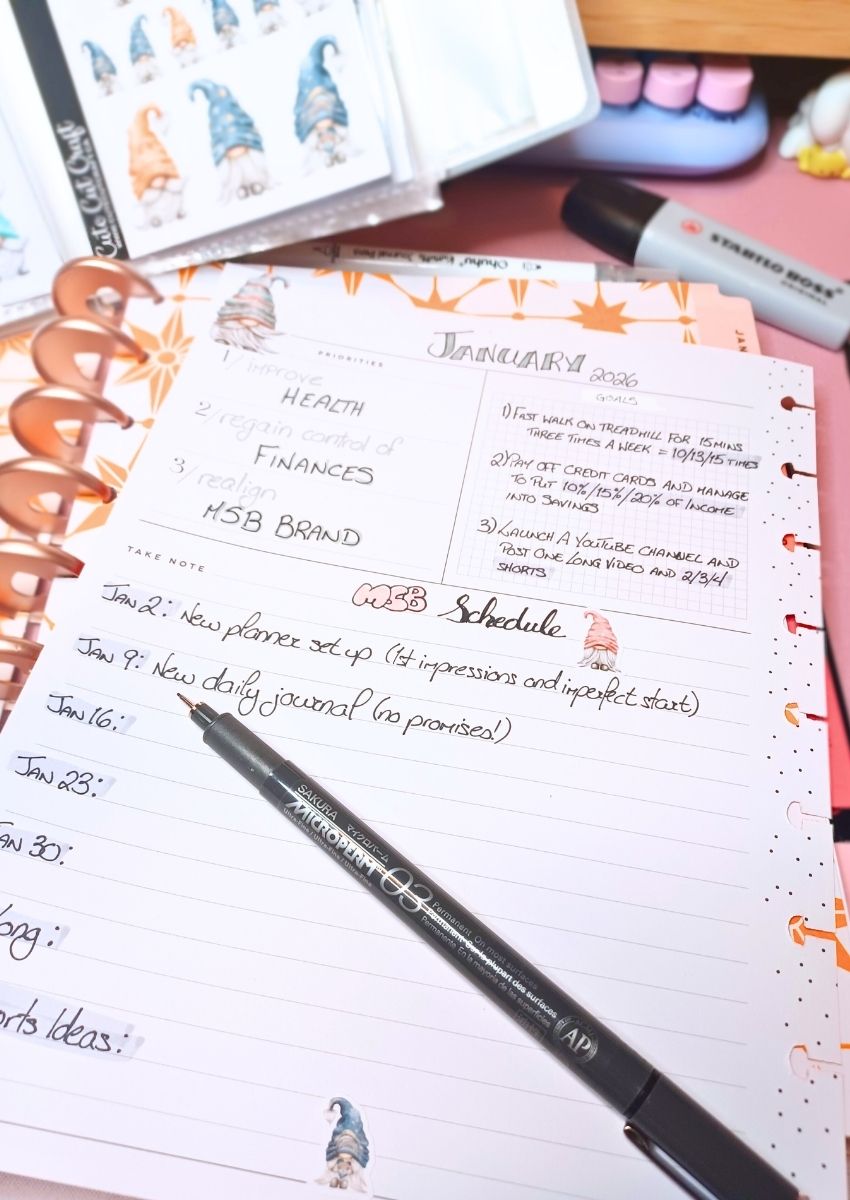 January goals and priorities page in a dashboard planner, filled in and decorated with cute gnome stickers