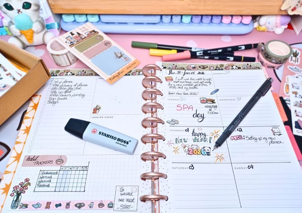 Dashboard two-page layout filled in with personal tasks and events and cute stickers