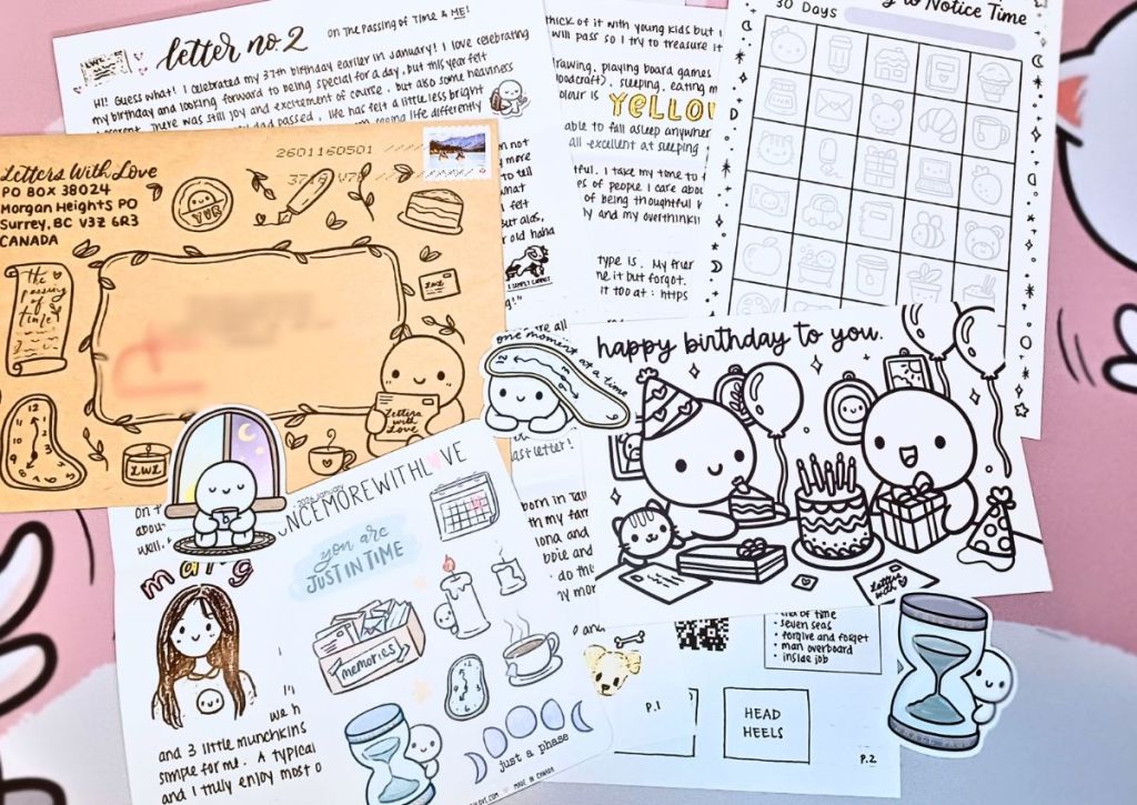 A brown envelope with a cute design, a handwritten letter with adorable drawings on it and titled "On the passing of time and me", a black and white postcard with cute characters celebrating and the words "Happy birthday to you" on it, a sticker sheet in soft teal and warm yellow colors with designs that reminds the passing of time like a candle and an hourglass, and other items such as a card and vinyl stickers about the passing of time.