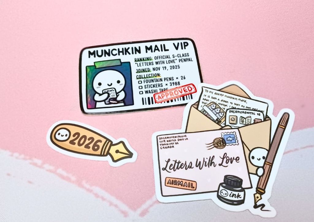 Three cute vinyl stickers celebrating 2026 and Letters With Love.