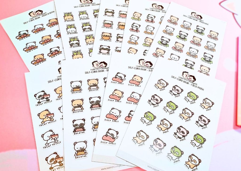 Nine sticker sheets featuring cute bears practicing self-care such as meditating, exercising, and reading.