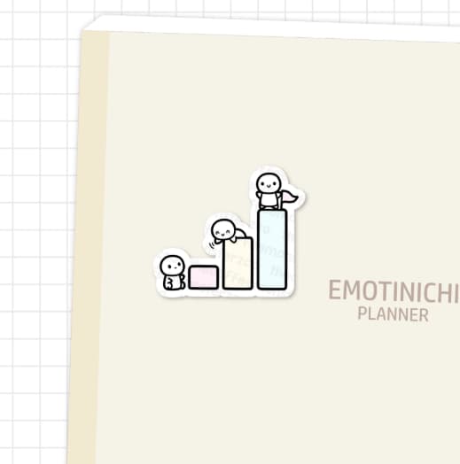 A sticker with small figurines climbing the steps to a goal.