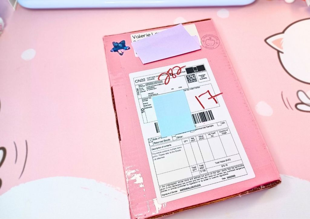 A small pink parcel box with a large customs sticker on it and pastel Post-Its to hide the personal information.