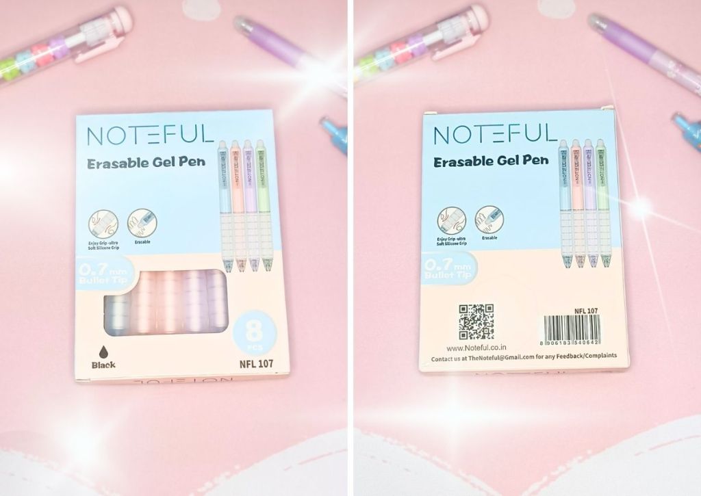 Two images side-by-side showing the front and the back of Noteful's set of 8 erasable gel pens in 4 different colors of casings.