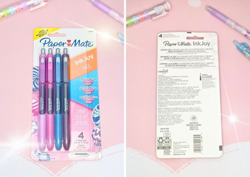 Two images side-by-side showing the front and the back of Papermate's set of 6 Inkjoy gel pens, the Candy Pop edition.