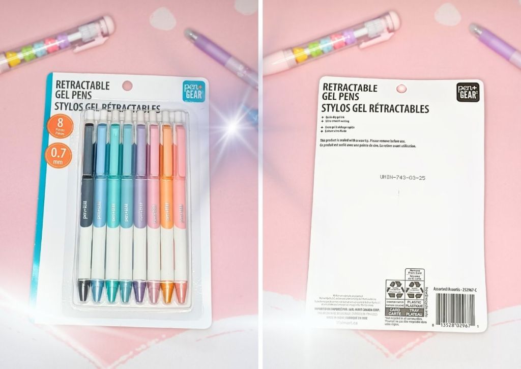 Two images side-by-side showing the front and the back of Pen & Gear's set of 8 retractable gel pens of various colors.