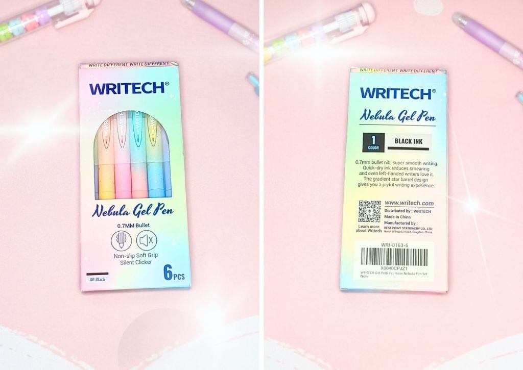 Two images side-by-side showing the front and the back of Writech's colorful packaging for the Nebula gel pen set.