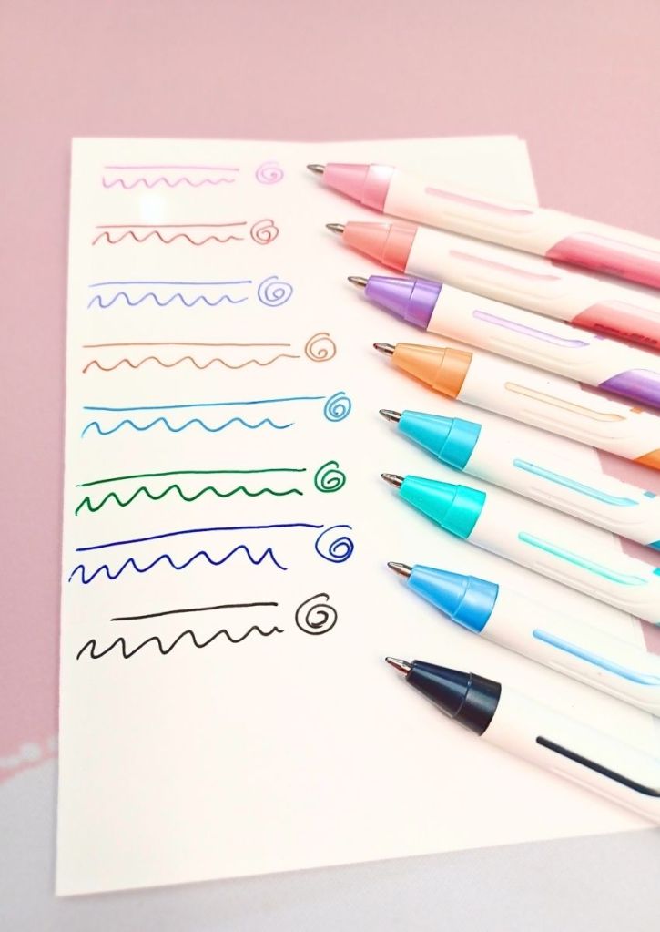 Eight pens of different colors were tested on a white sheet of paper.