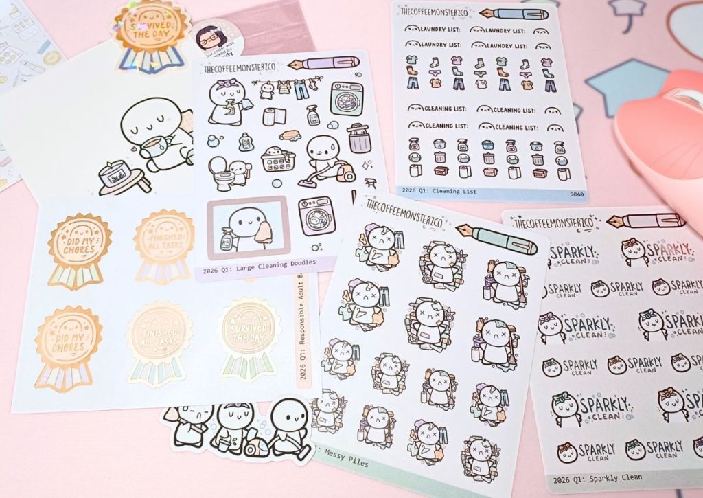 A cute and colorful set of five sticker sheets and two vinyl stickers featuring the same adorable character all designed around the "Sparkly Clean" theme.