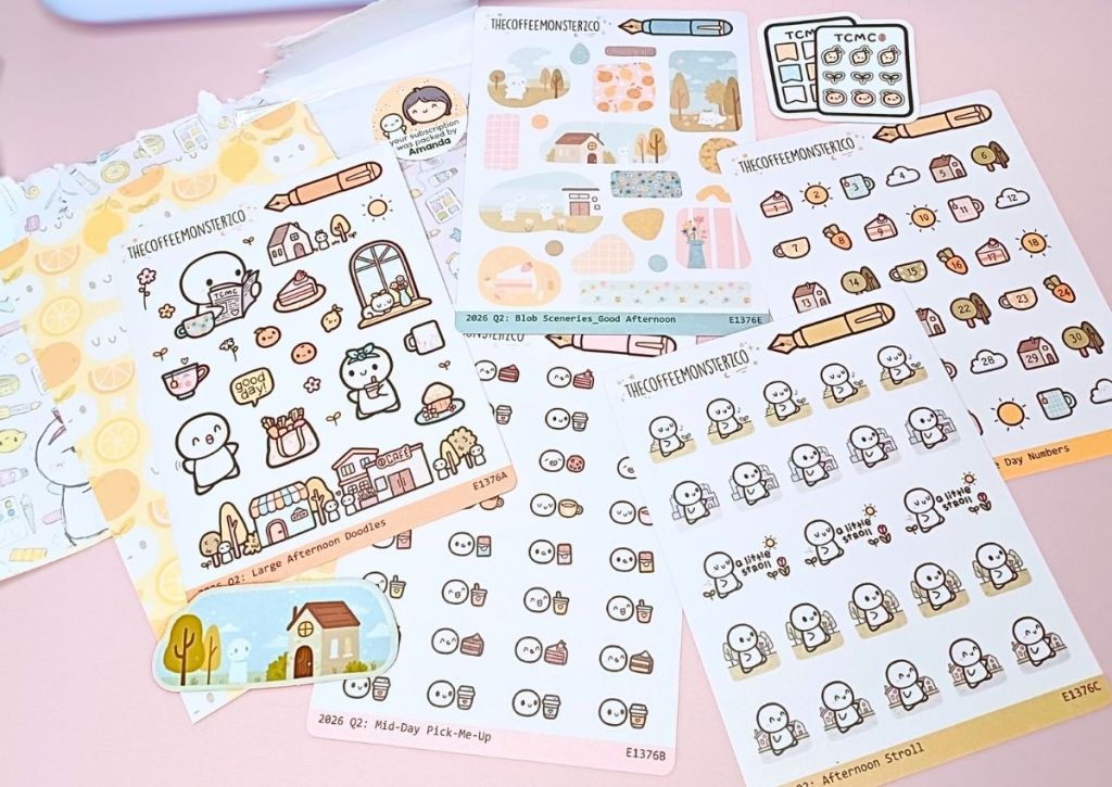 A cute and colorful set of five sticker sheets and two vinyl stickers featuring the same adorable character all designed around the "Good Afternoon" theme.
