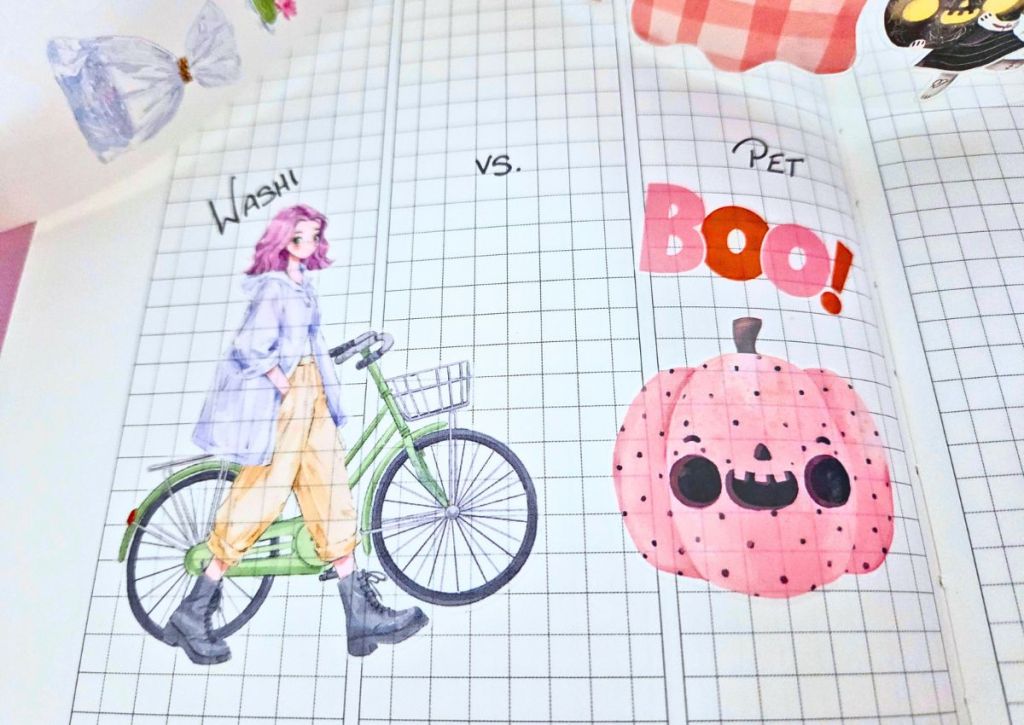 A girl with purple hair walking a green bicycle and labeled "washi" versus a pink pumpkin with a smiling face labeled "pet".