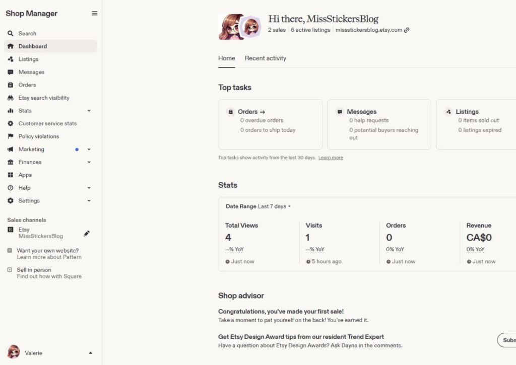 Screenshot of an Etsy shop dashboard showing stats: 4 total views, 1 visit, 0 orders, and CA$0 revenue in the last 7 days. The sidebar has options like Dashboard, Orders, Listings, Stats, Finances, and Marketing.
