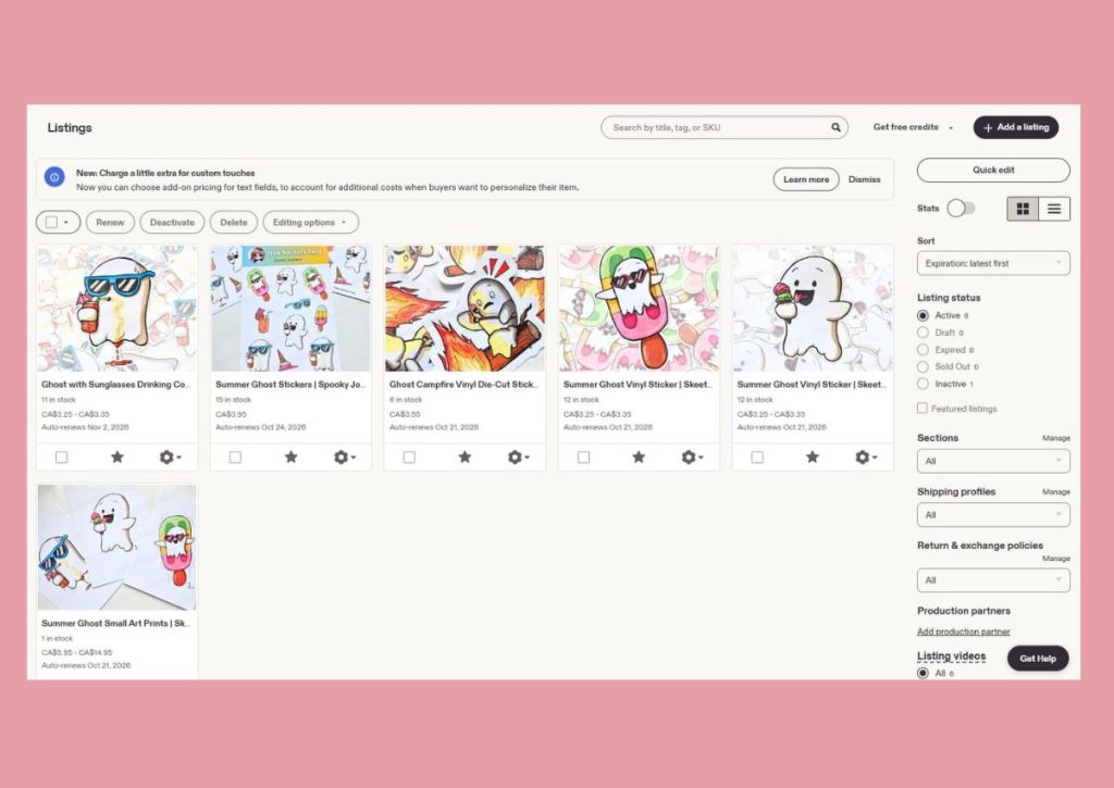 Screenshot of an Etsy shop listings page showing six summer-themed ghost stickers, each with unique accessories, on a light pink background. Shop management tools and filters are visible on the right.