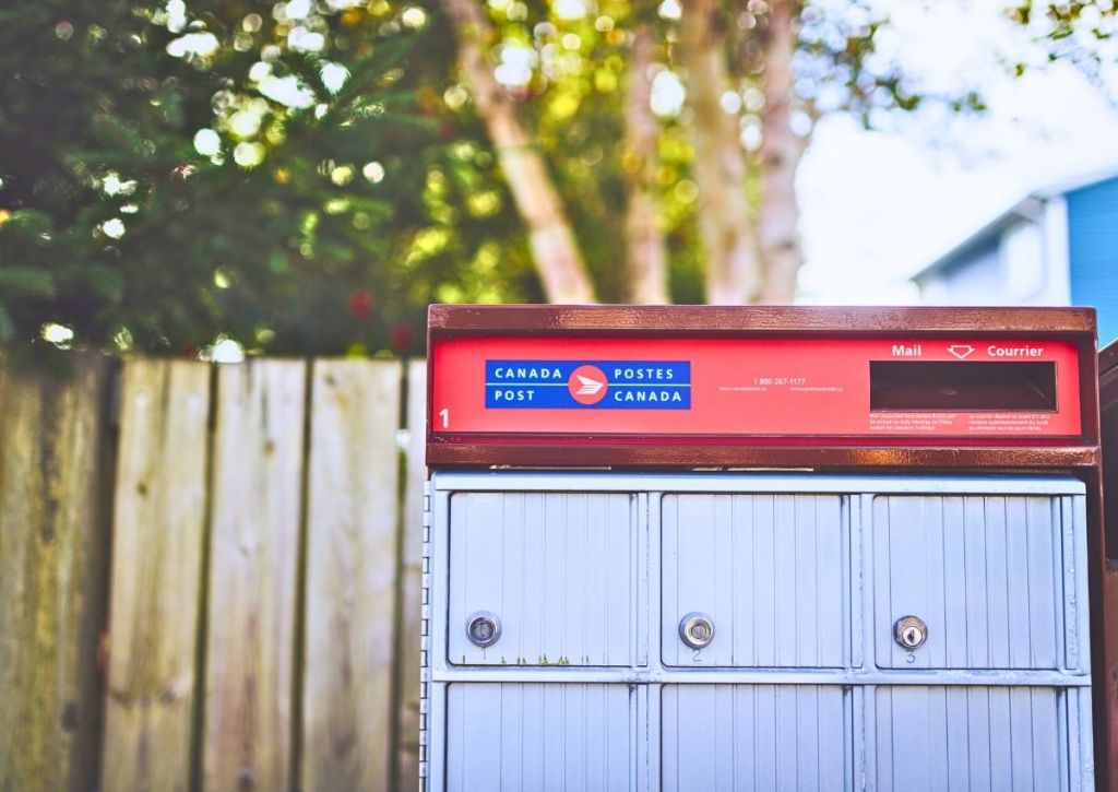 A Canada Post community mailbox stands outdoors by a wooden fence and trees, with sunlight filtering through leaves in the background.