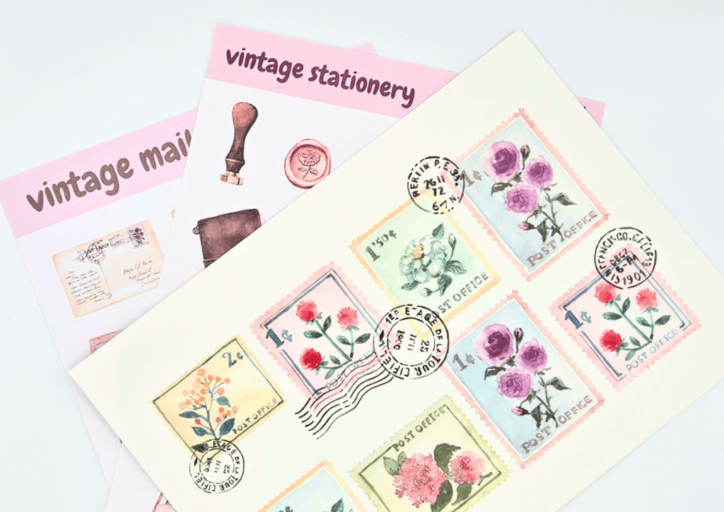 Three illustrated sheets: one with colorful floral postage stamps and two titled vintage stationery and vintage mail, featuring vintage-themed designs like letters, rubber stamps, and postal motifs.