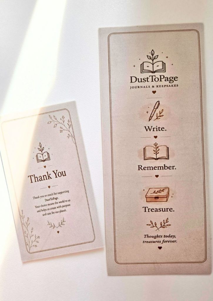 A DustToPage brand thank-you card next to an information card featuring icons and instructions for writing, remembering, and treasuring memories.