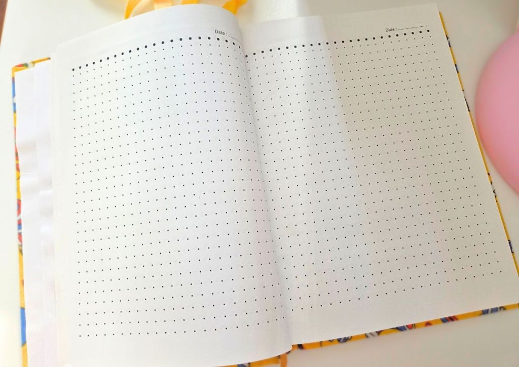 Open journal with two pages of dot grid paper, each featuring a line for a date at the top.