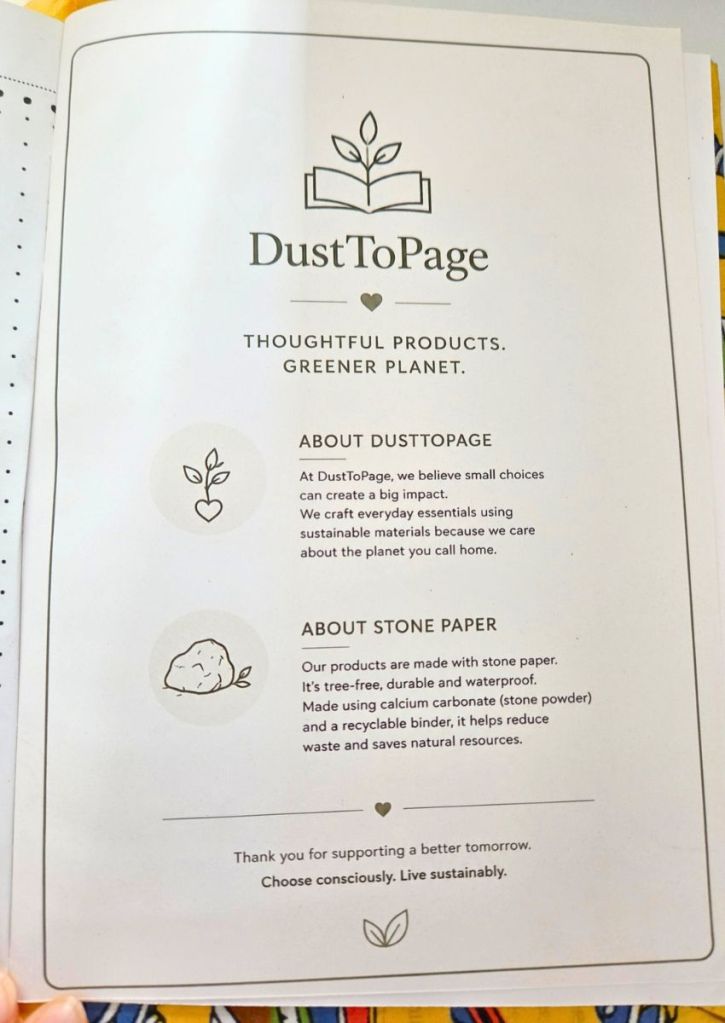 DustToPage informational page detailing the companys mission and the environmental benefits of their stone paper products.