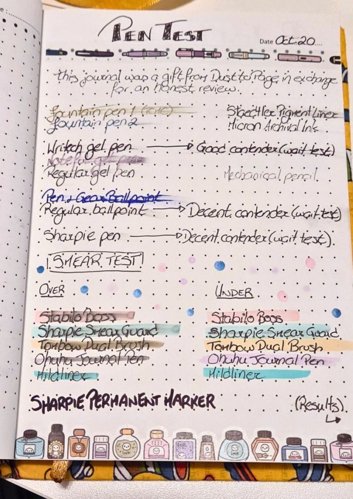 A journal page titled Pen Test dated October 20, featuring handwritten notes, pen and marker testing, and a Smear Test section, decorated with a row of illustrated ink bottles at the bottom.