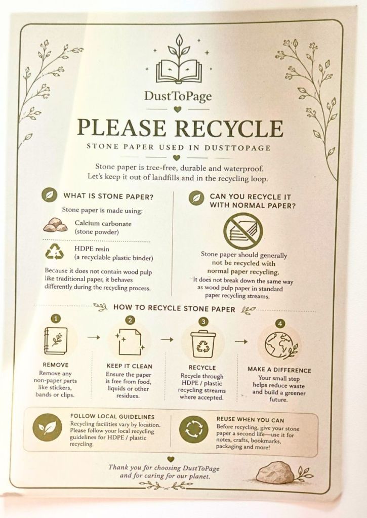 DustToPage informational flyer explaining how to recycle stone paper, including instructions to remove non-paper parts, keep it clean, and check local guidelines for HDPE recycling.