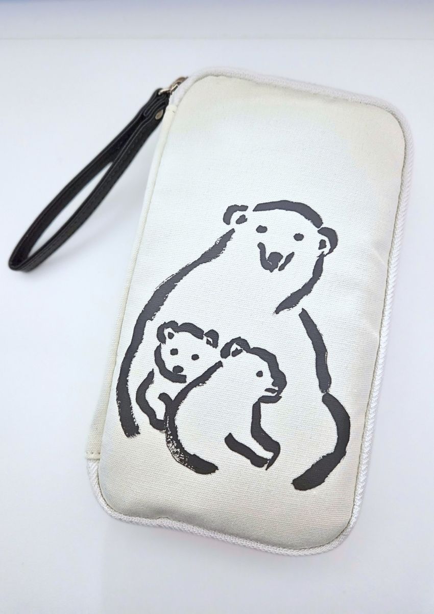 Off-white zippered pouch with a black ink illustration of a mother polar bear and her cubs.