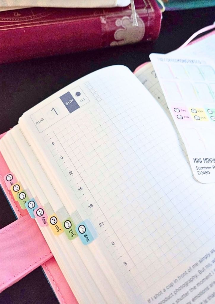 An open daily planner with a vertical hourly schedule, featuring small tabbed month stickers labeled with different colored smiley faces.