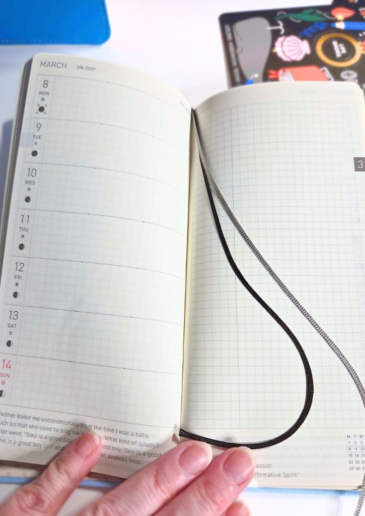 Open planner showing a weekly calendar spread on the left and a grid page on the right, with two ribbon bookmarks resting in the center.